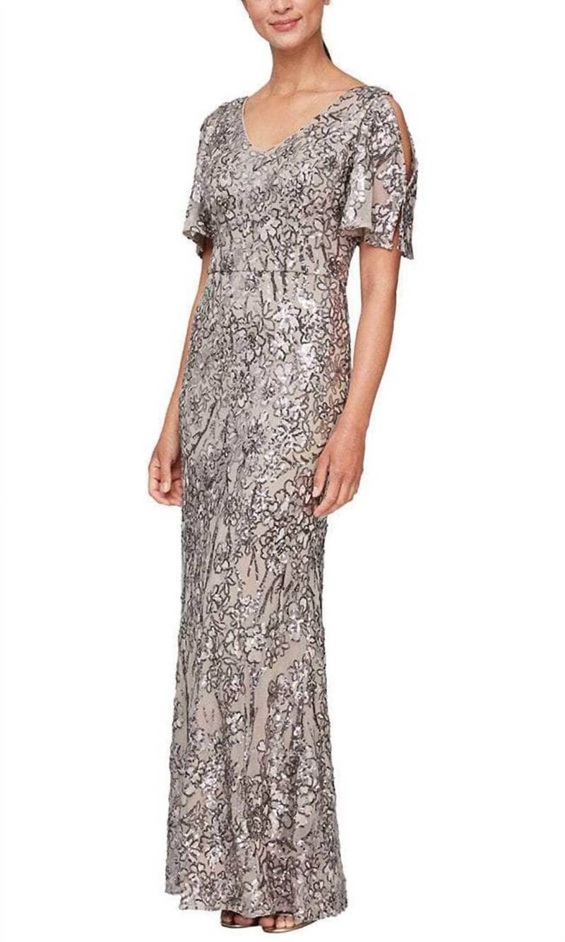 NEW ALEX EVENINGS caroline flutter sleeve sequin gown in mink